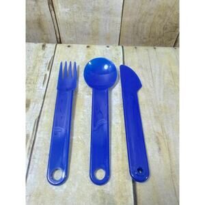 Tupperware Snap-Together Utensils Cutlery Fork Knife Spoon Set On-The-Go Blue